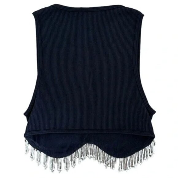 ZARA Black Contour Hem Ribbed Cropped Tank with Rhinestone Fringe Hem - Picture 3 of 3